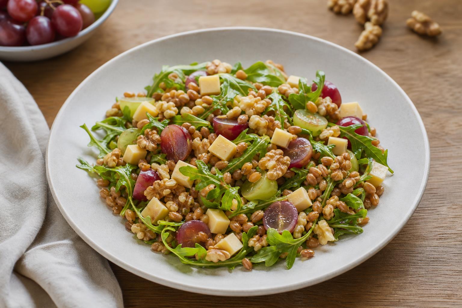 Dinkelkornsalat mit Trauben, Rucola und Walnüssen