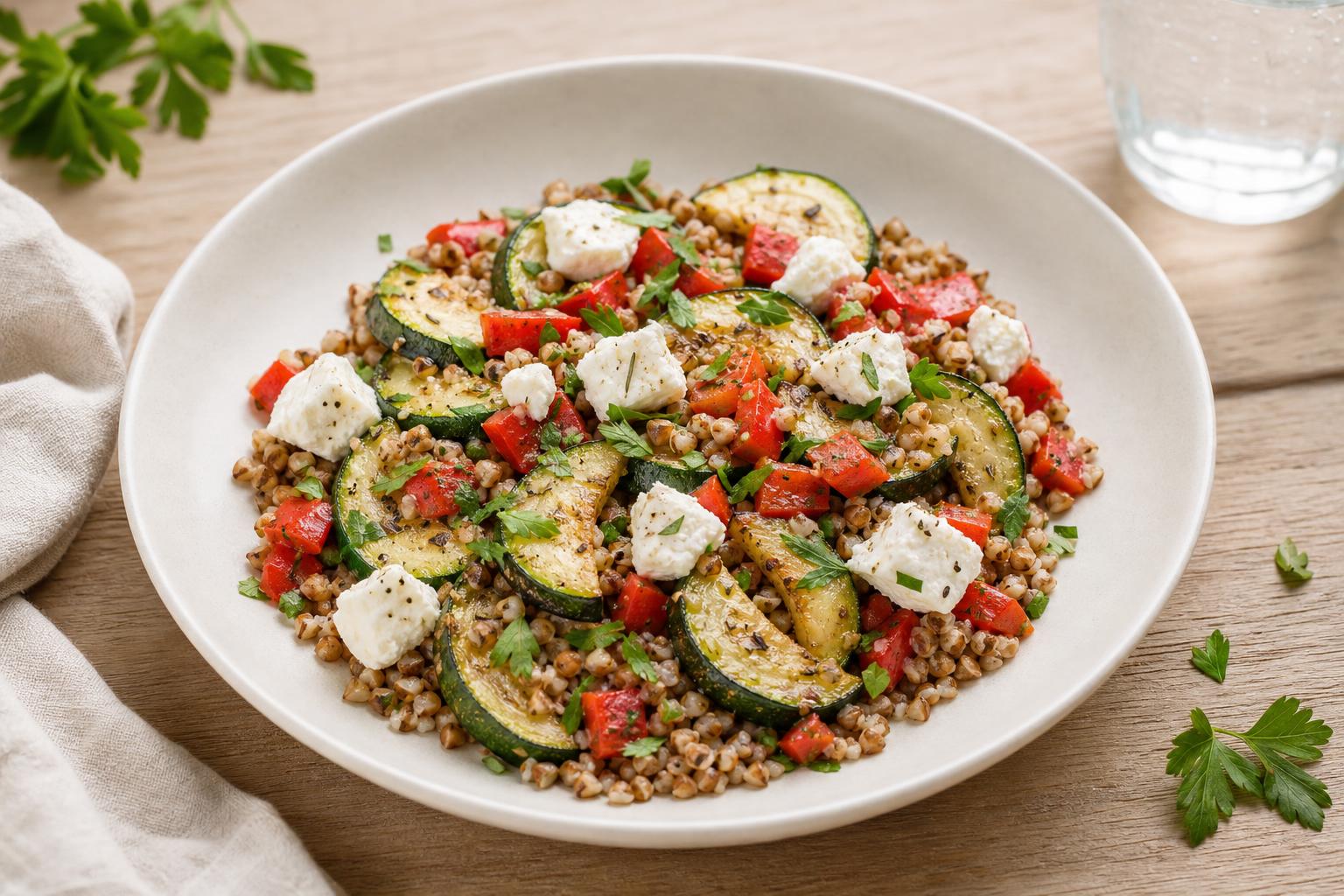 Buchweizensalat mit gerösteter Zucchini und Ziegenkäse