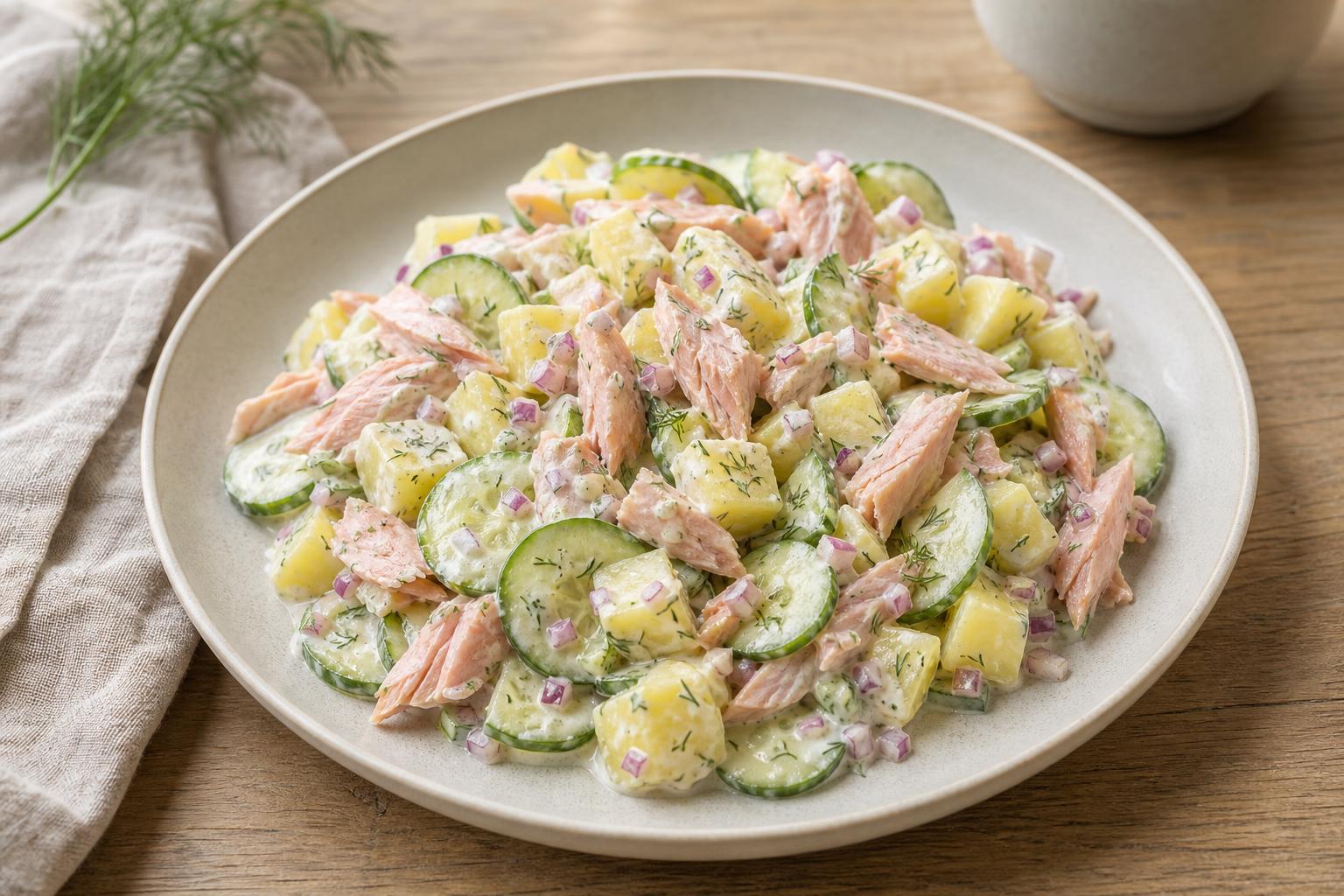 Kartoffel-Gurken-Salat mit geräucherter Forelle