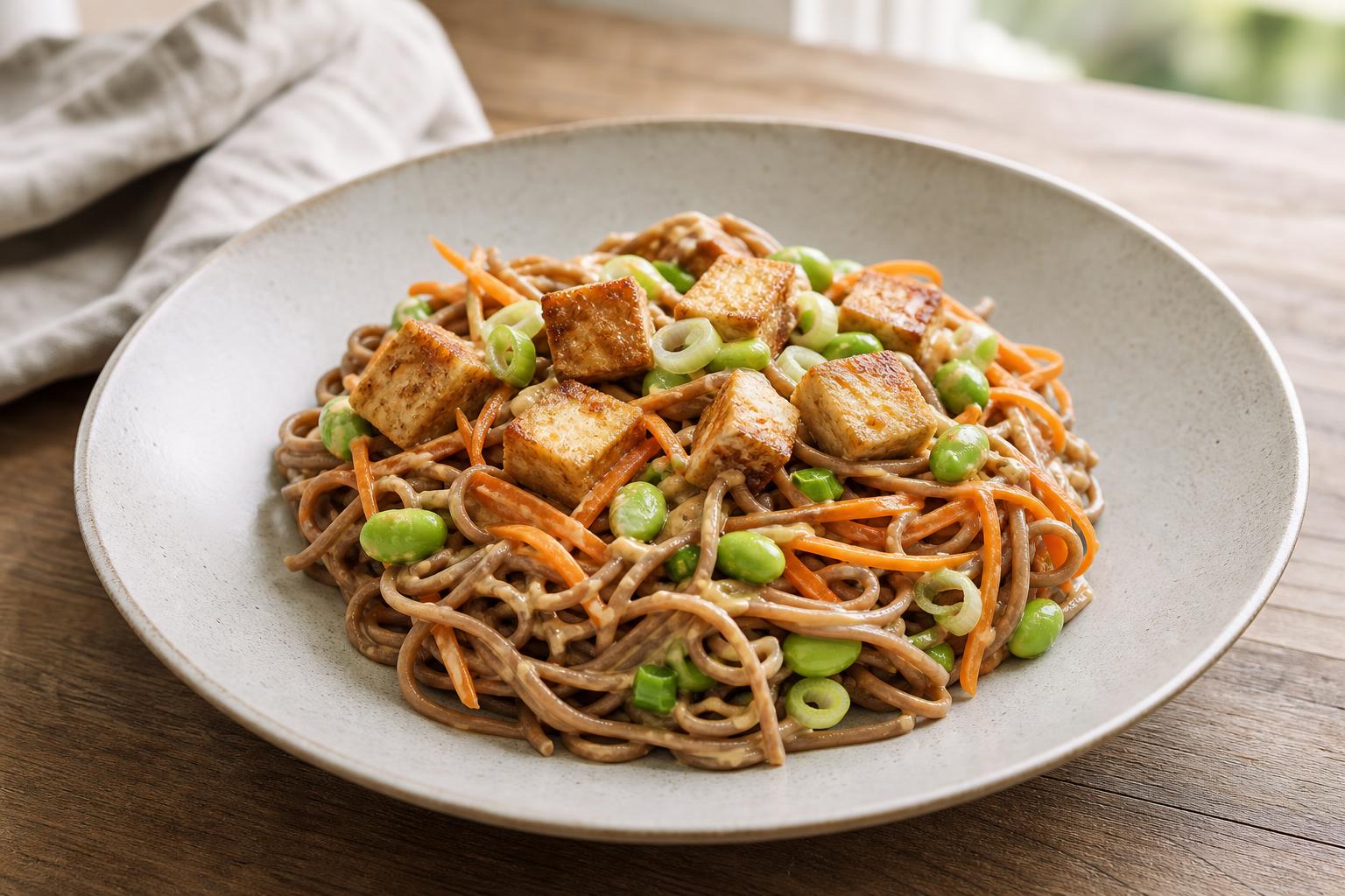 Soba-Salat mit knusprigem Tofu und Edamame