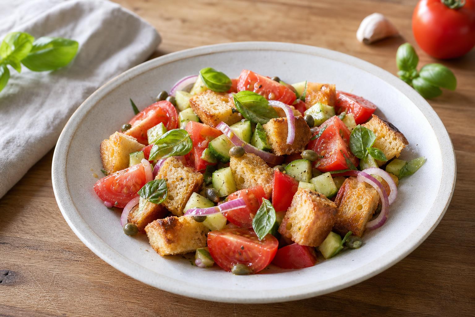 Panzanella mit Ofenbrot und reifen Tomaten
