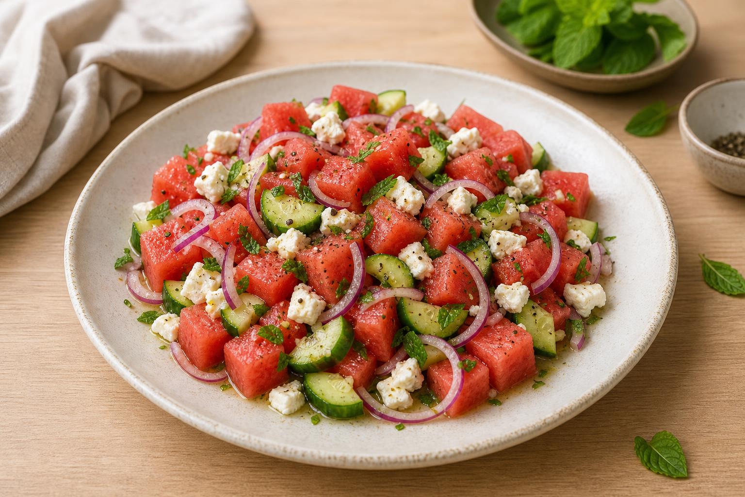 Wassermelonen-Feta-Salat mit Minze und Gurke