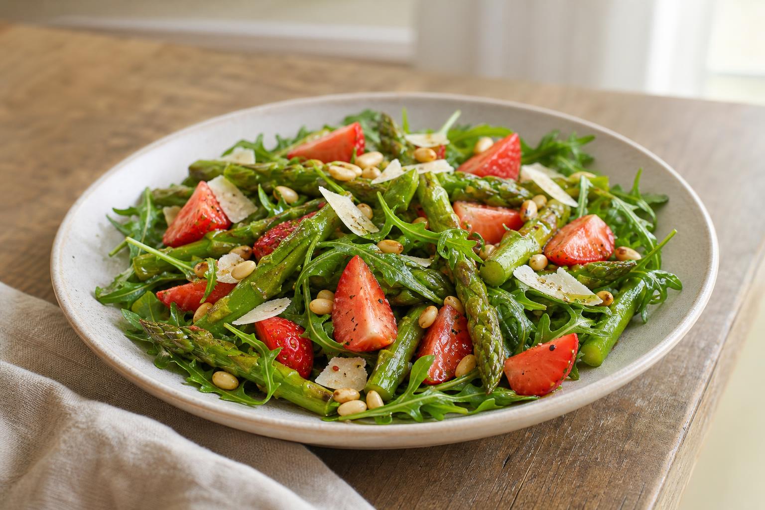Grüner Spargelsalat mit Erdbeeren und Parmesan