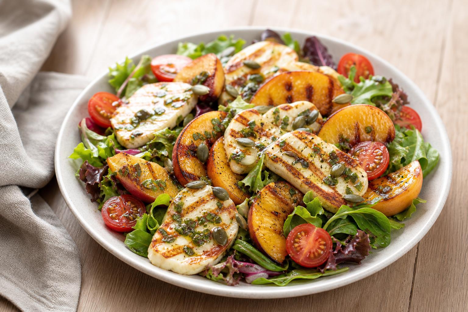 Pfirsich-Halloumi-Salat mit Zitronenbasilikum-Dressing