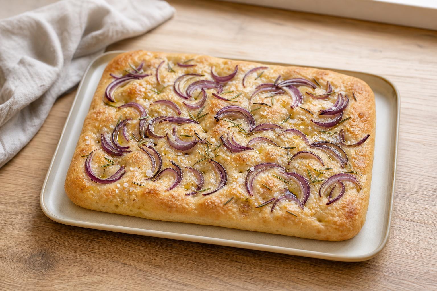 Focaccia mit roten Zwiebeln und Meersalz
