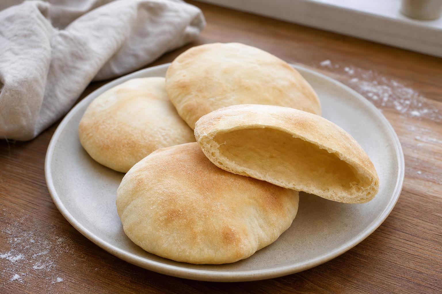 Pitabrote mit Tasche aus dem Backofen