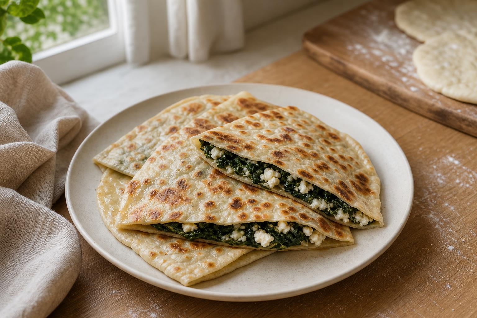 Gözleme mit Spinat und Feta aus der Pfanne