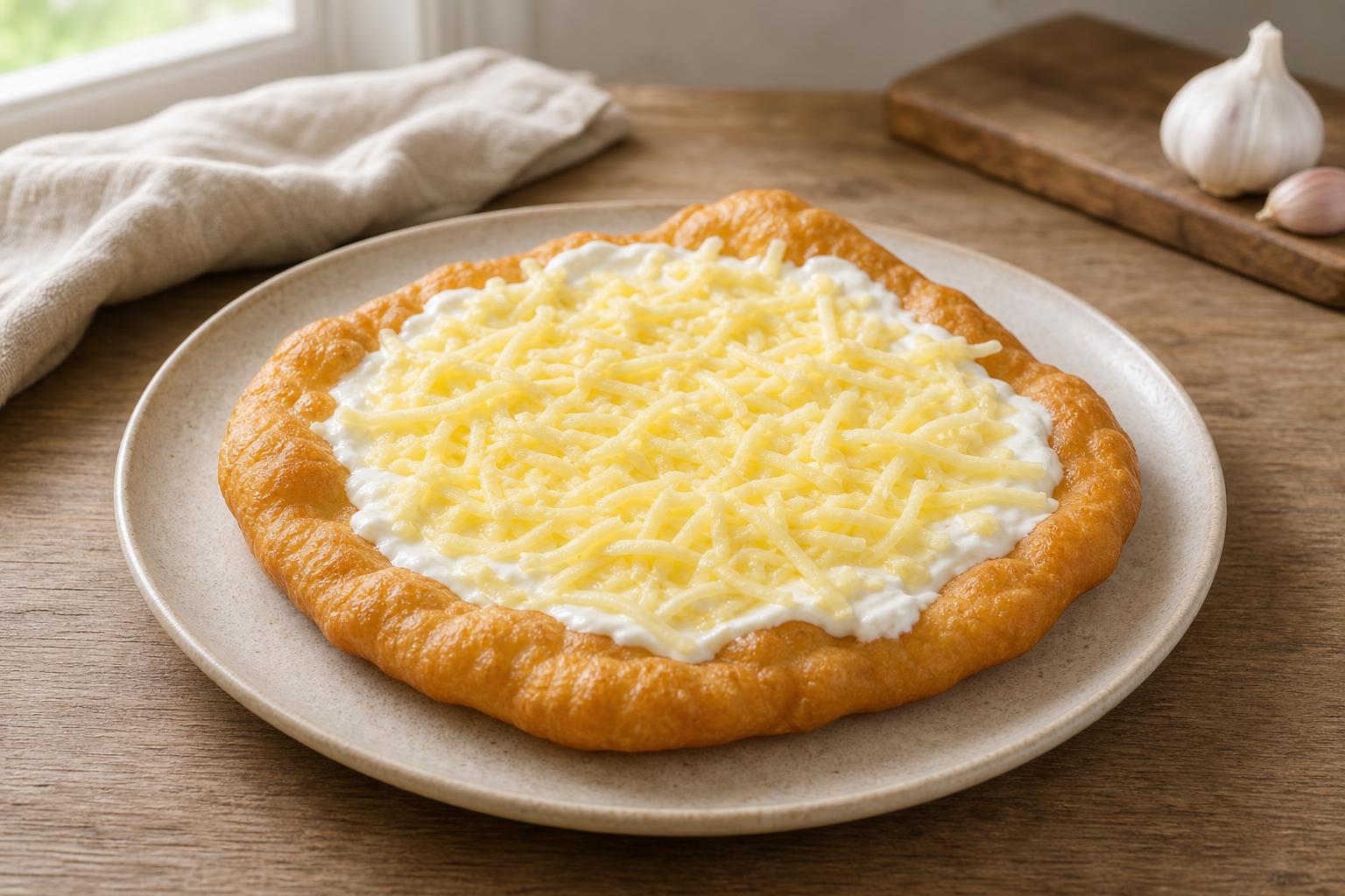 Lángos mit Knoblauchschmand und Käse