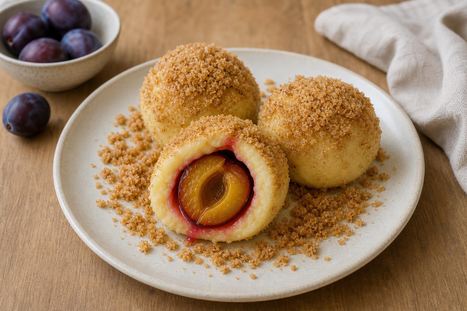 Zwetschgenknödel aus Kartoffelteig mit Zimtbröseln