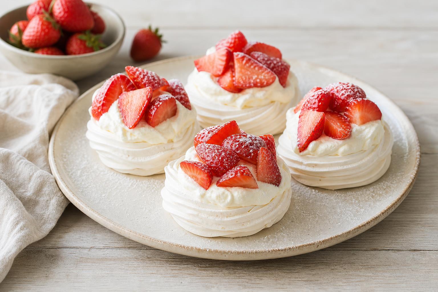 Kleine Pavlovas mit Erdbeeren und Sahne