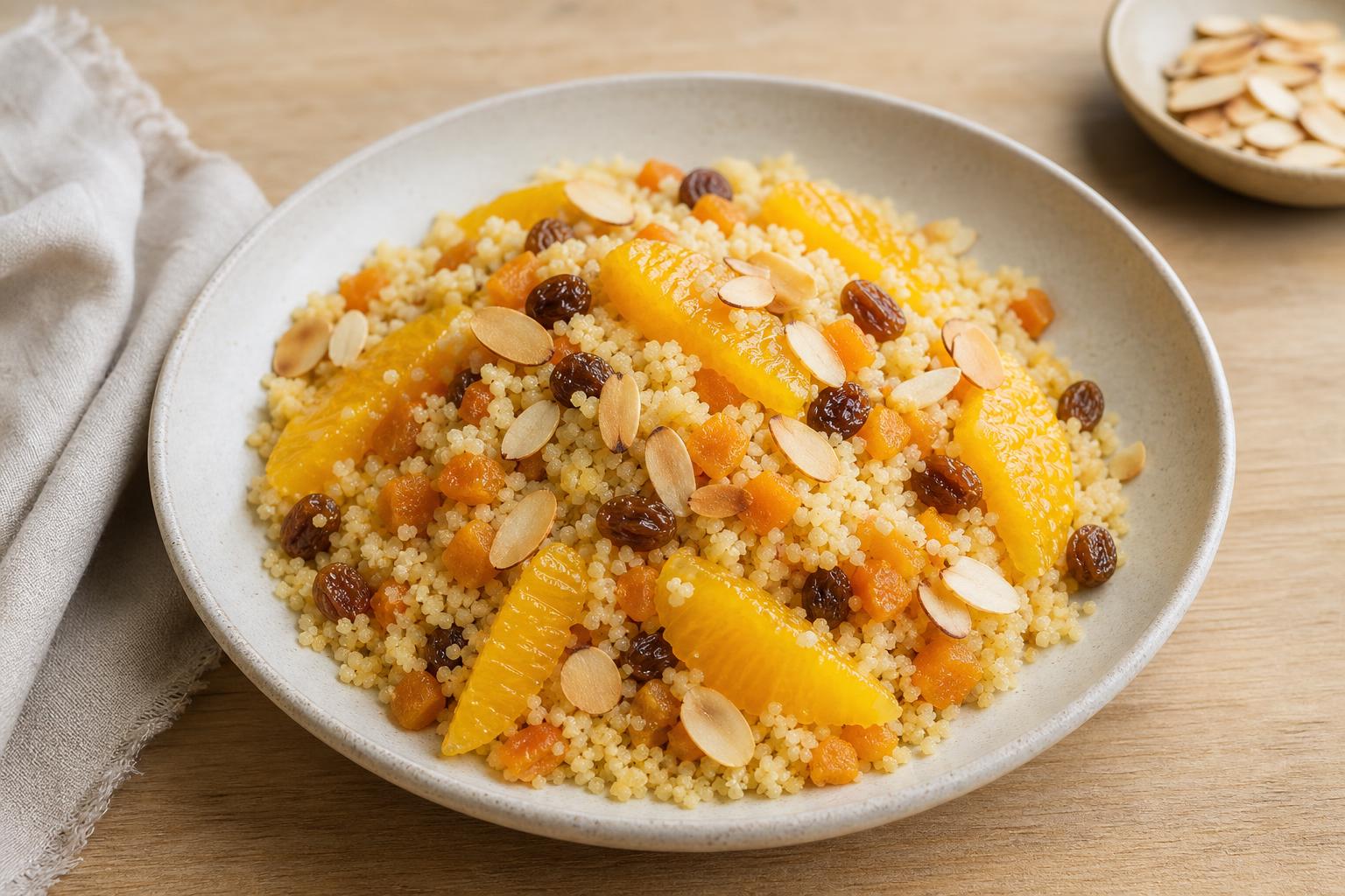 Süßer Couscous mit Aprikosen, Orange und Mandeln