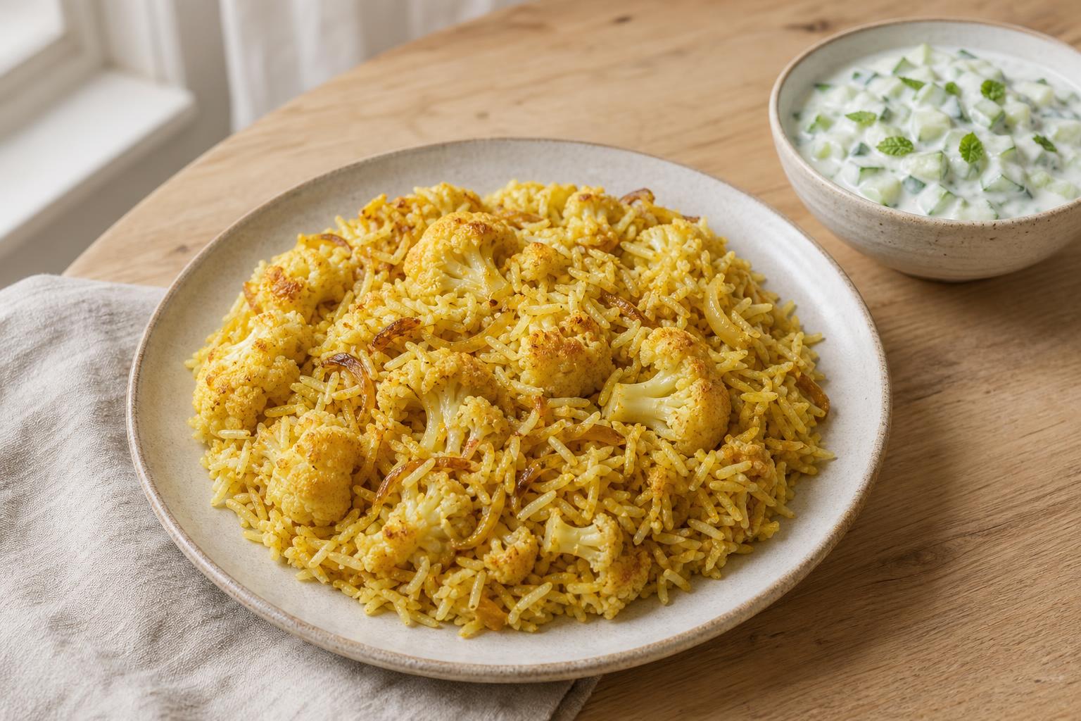 Blumenkohl-Biryani aus dem Ofen mit Gurkenraita
