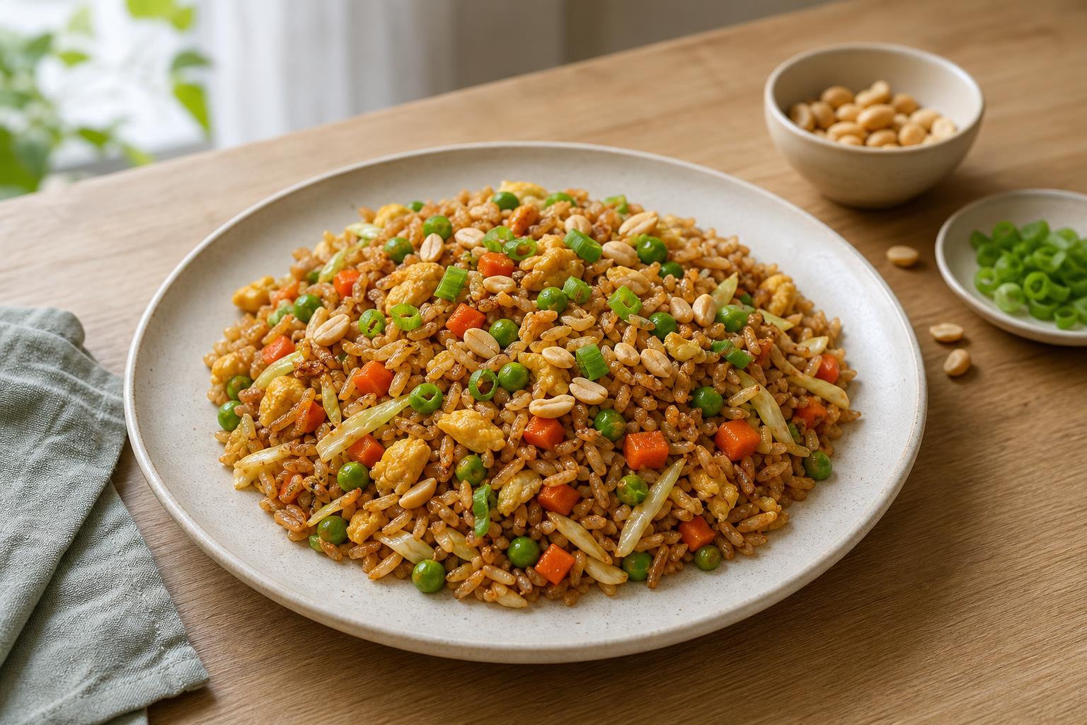 Nasi Goreng mit Gemüse, Ei und Erdnüssen