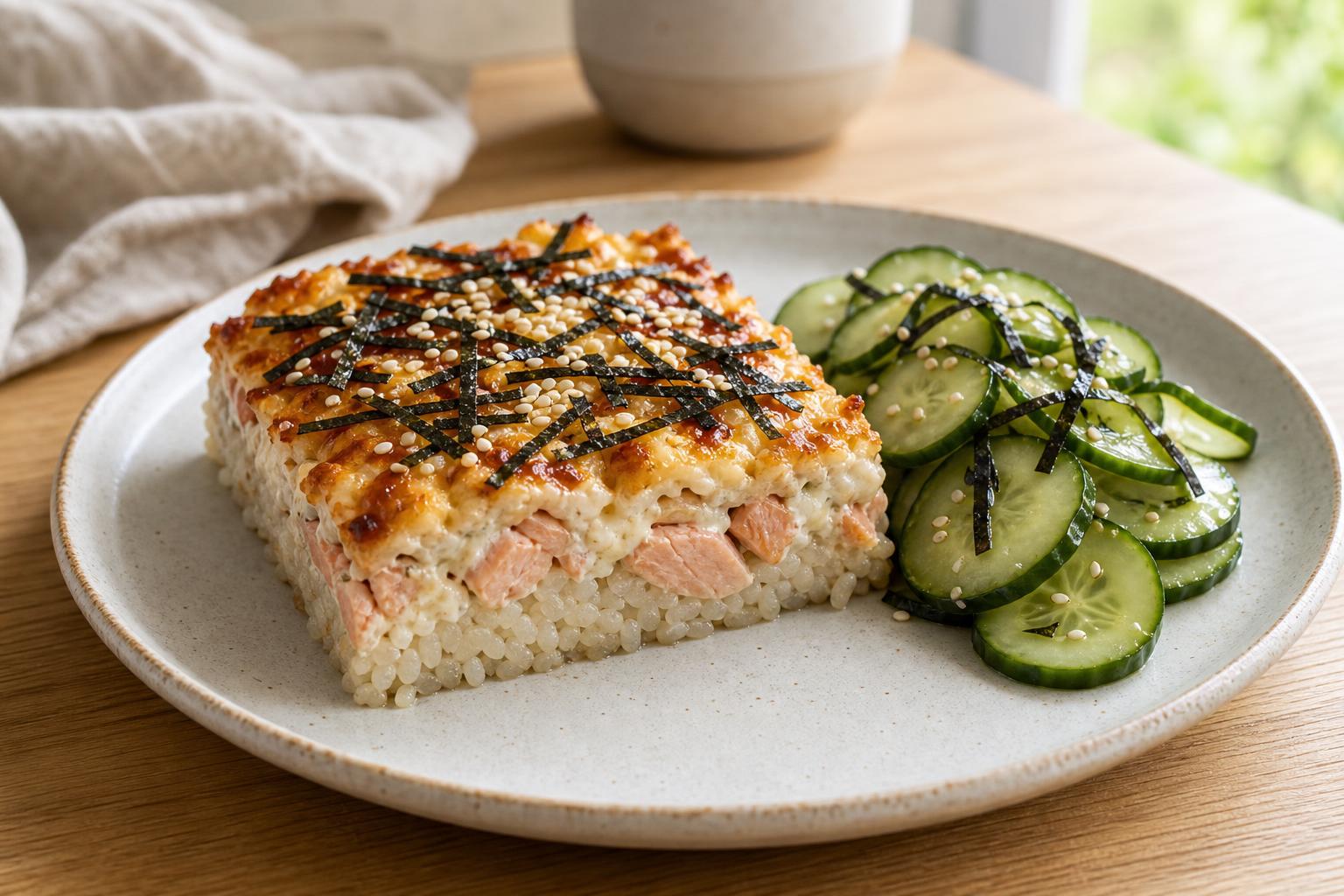 Sushi-Reis-Auflauf mit Lachs und Gurkenbeilage