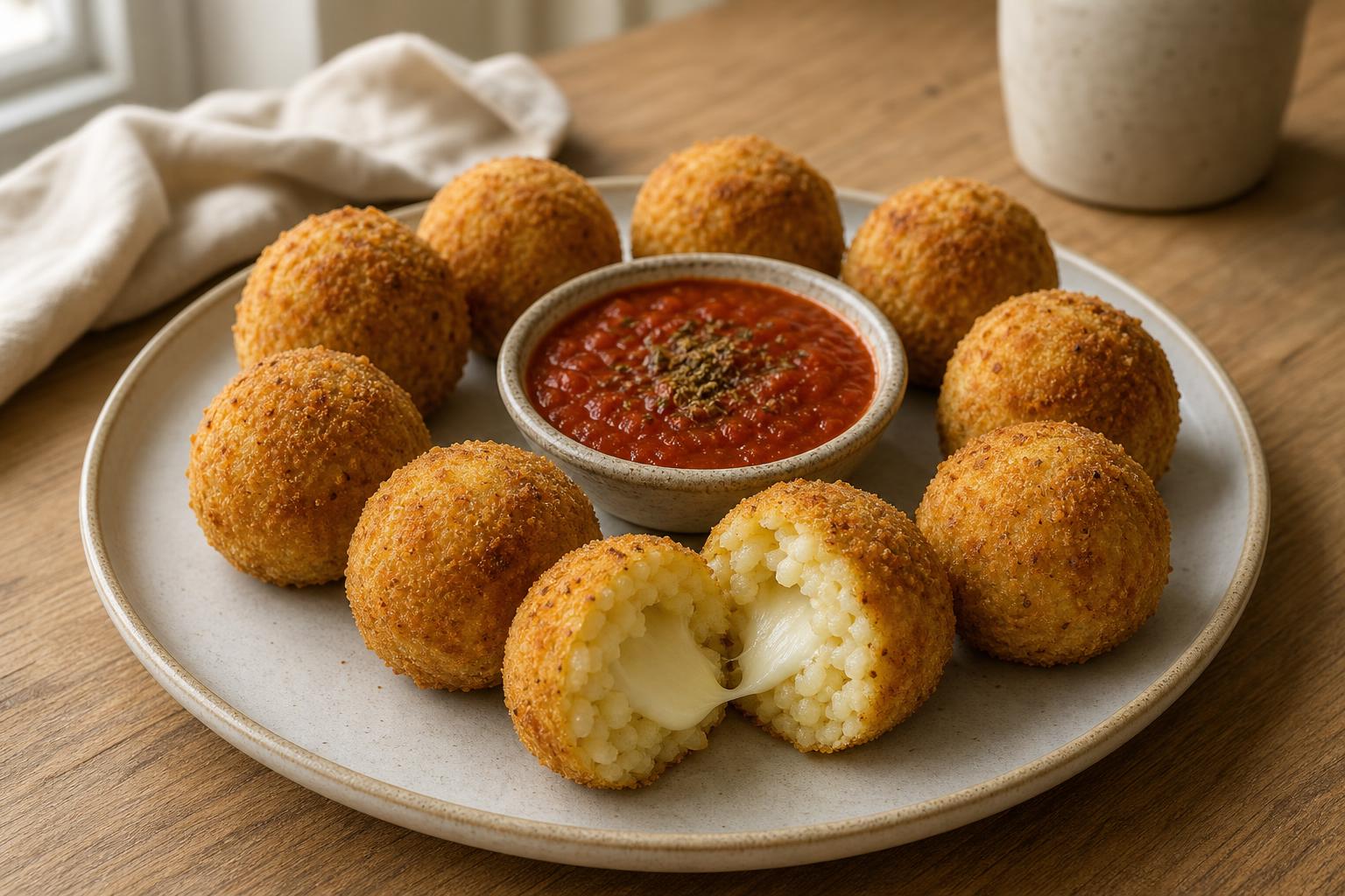 Ofen-Arancini mit Mozzarellakern und Tomatendip