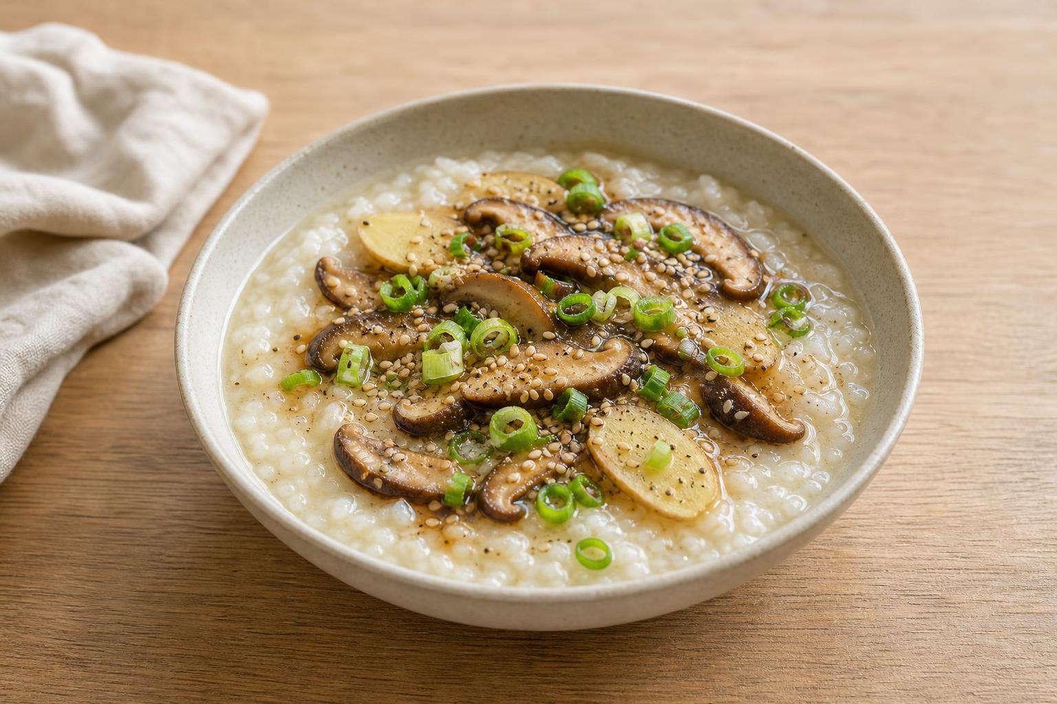 Reis-Congee mit Shiitake und Ingwer