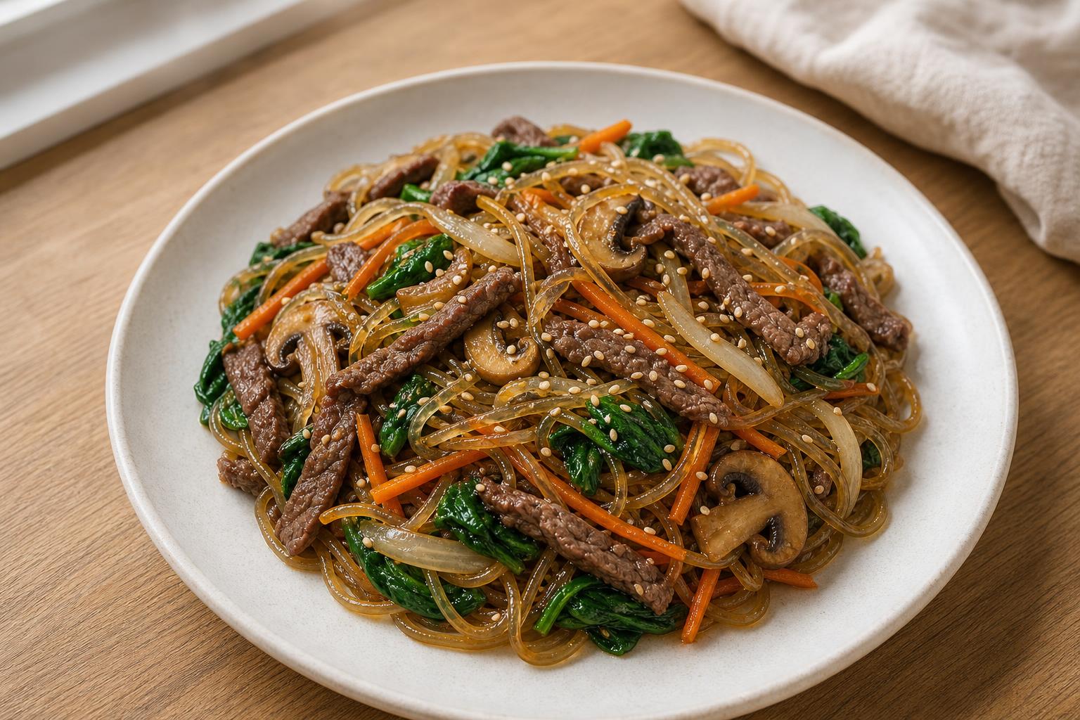 Japchae mit Rindfleisch und Gemüse