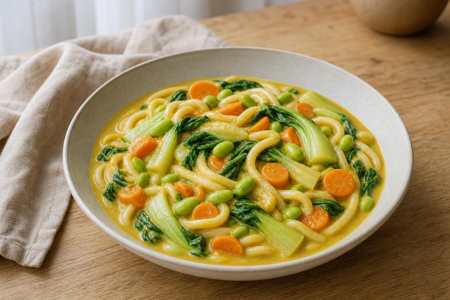 Udon-Nudeln mit Gemüse in Curry-Kokos-Sauce