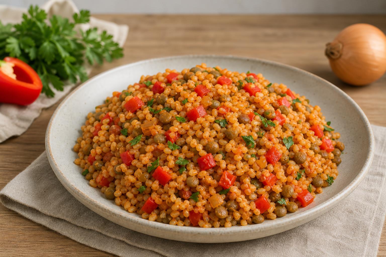 Bulgur-Pilaw mit grünen Linsen und Paprika