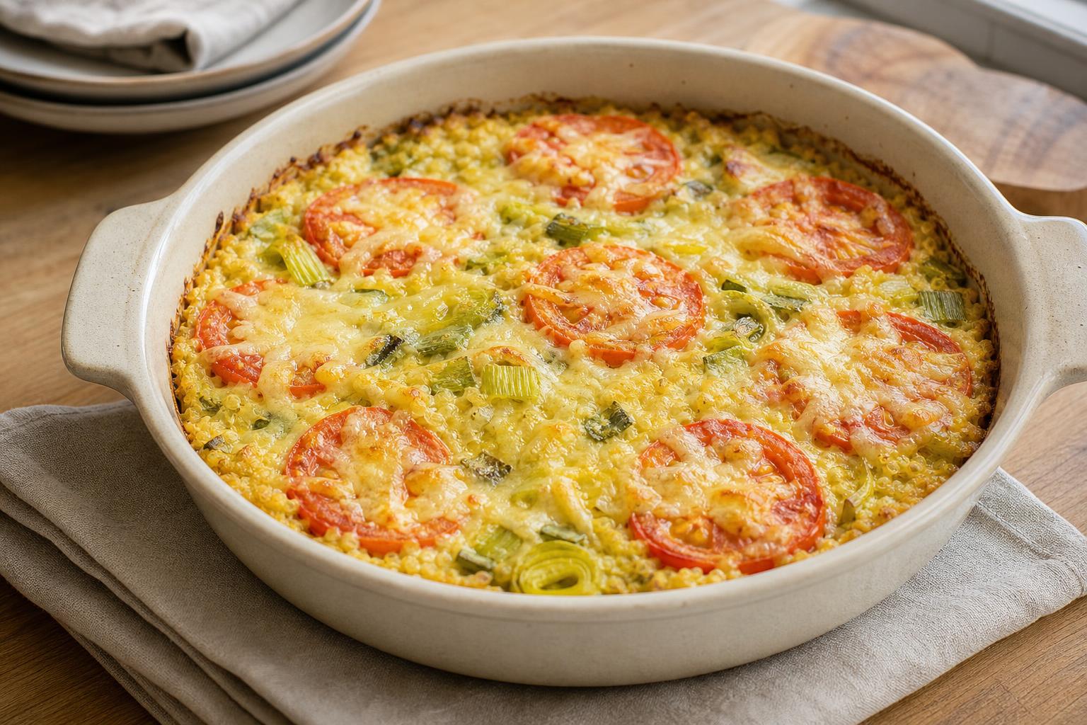 Hirse-Lauch-Auflauf mit Tomaten und Gouda