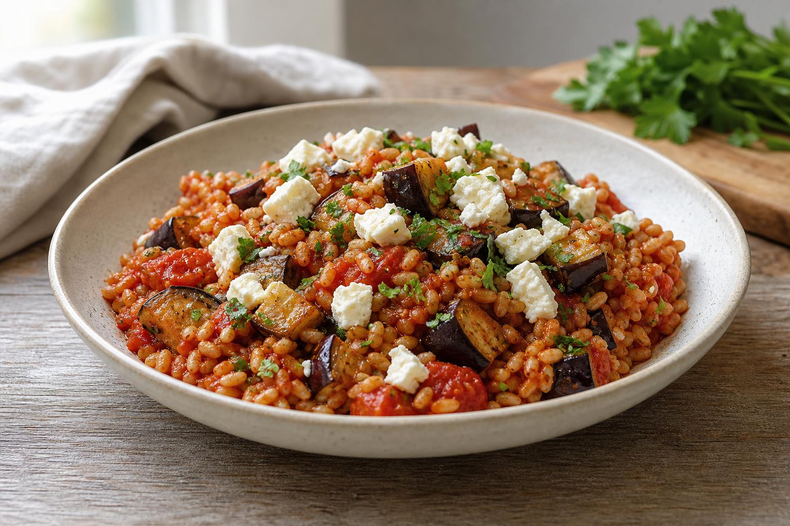 Ofen-Dinkel mit Aubergine und Tomaten