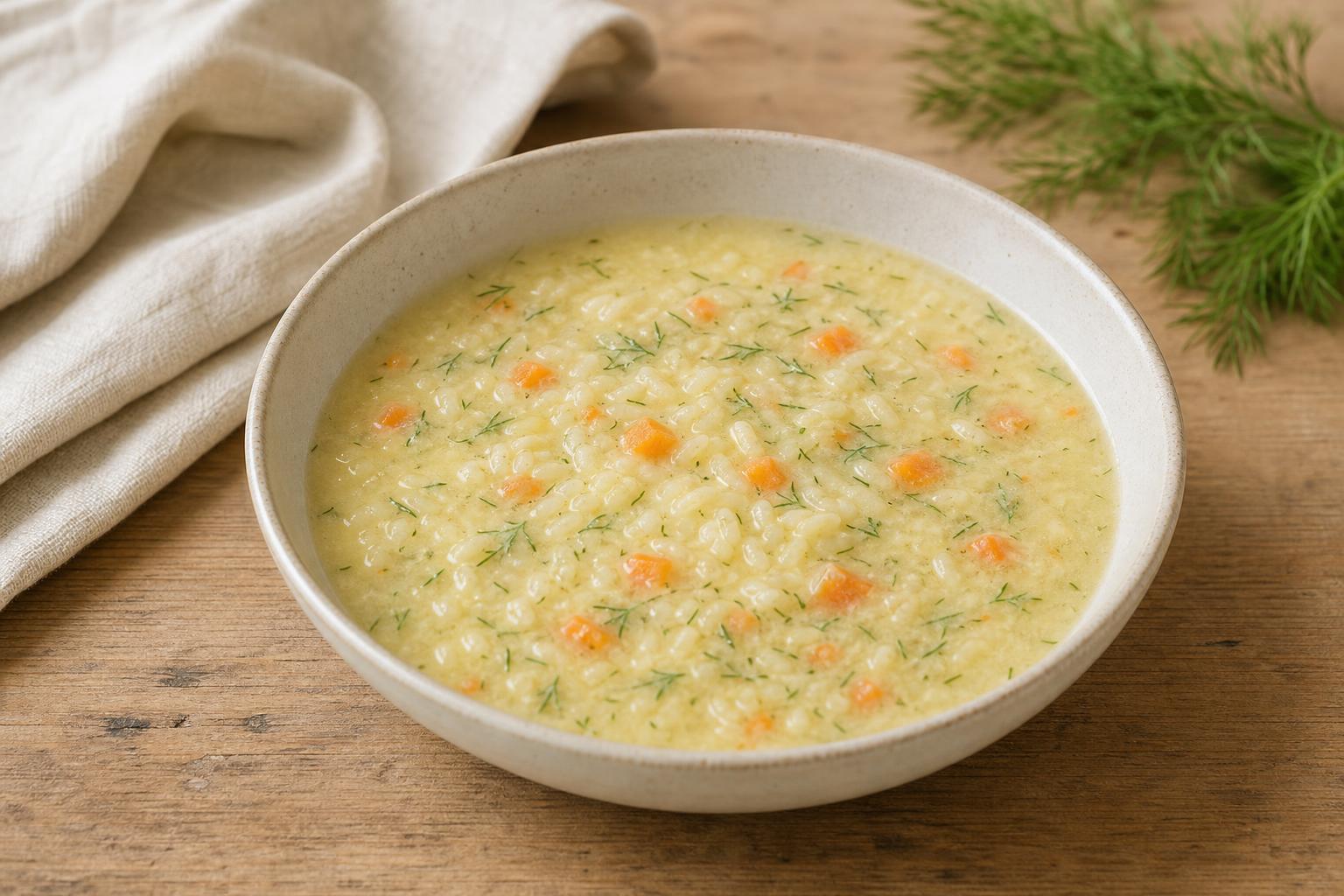 Zitronen-Reissuppe mit Ei und Dill