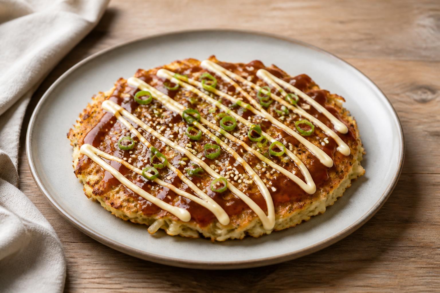 Okonomiyaki mit Weißkohl aus der Pfanne