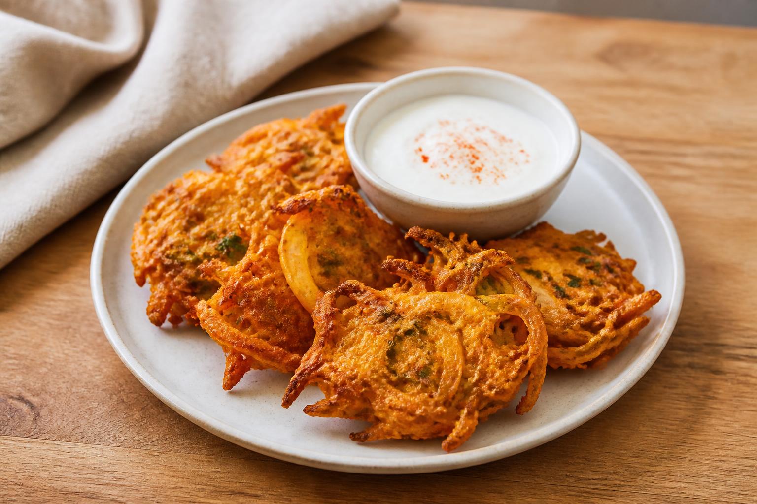 Zwiebel-Bhaji mit Kichererbsenmehl und Joghurtdip
