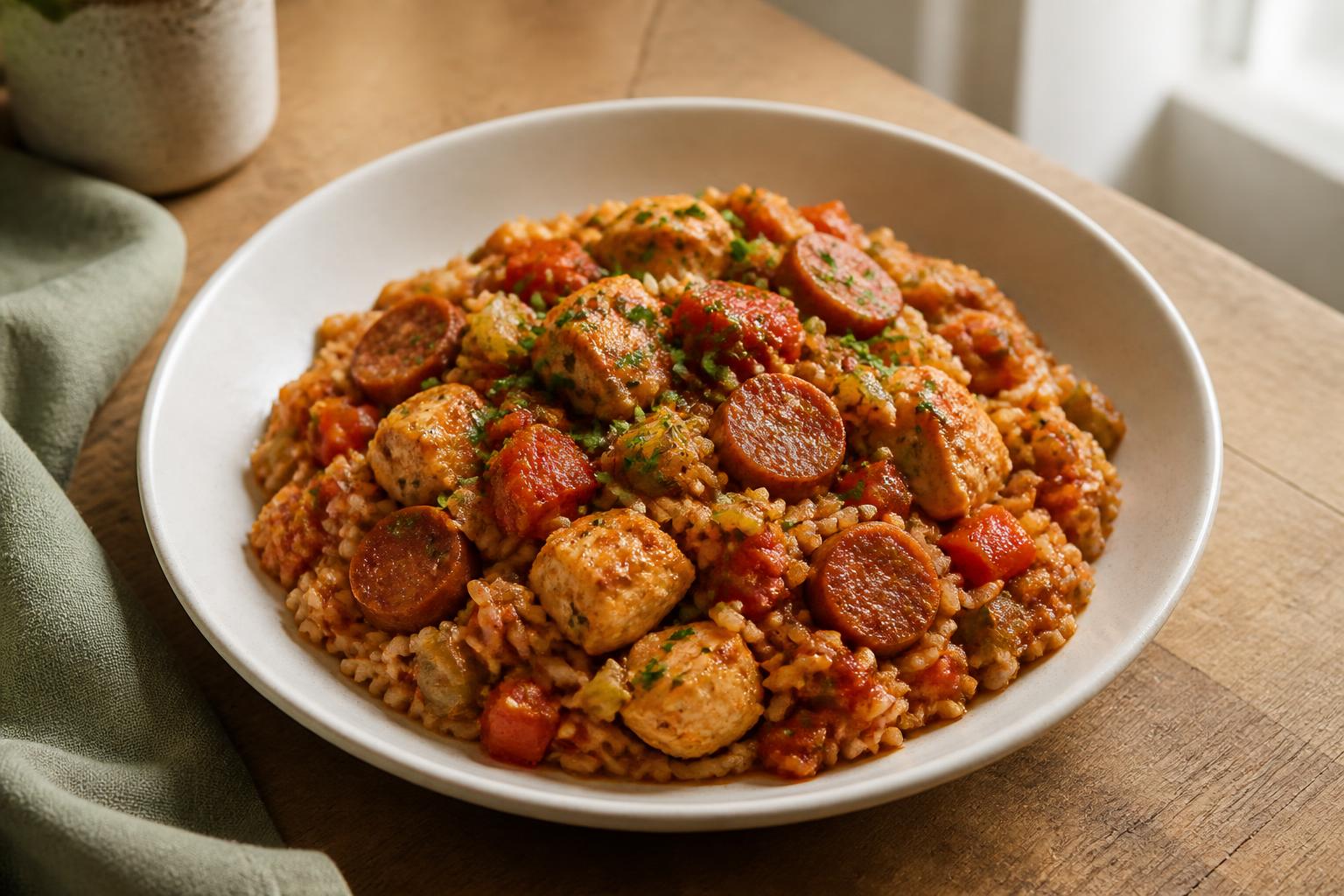 Jambalaya-inspirierte Reispfanne mit Hähnchen und Chorizo