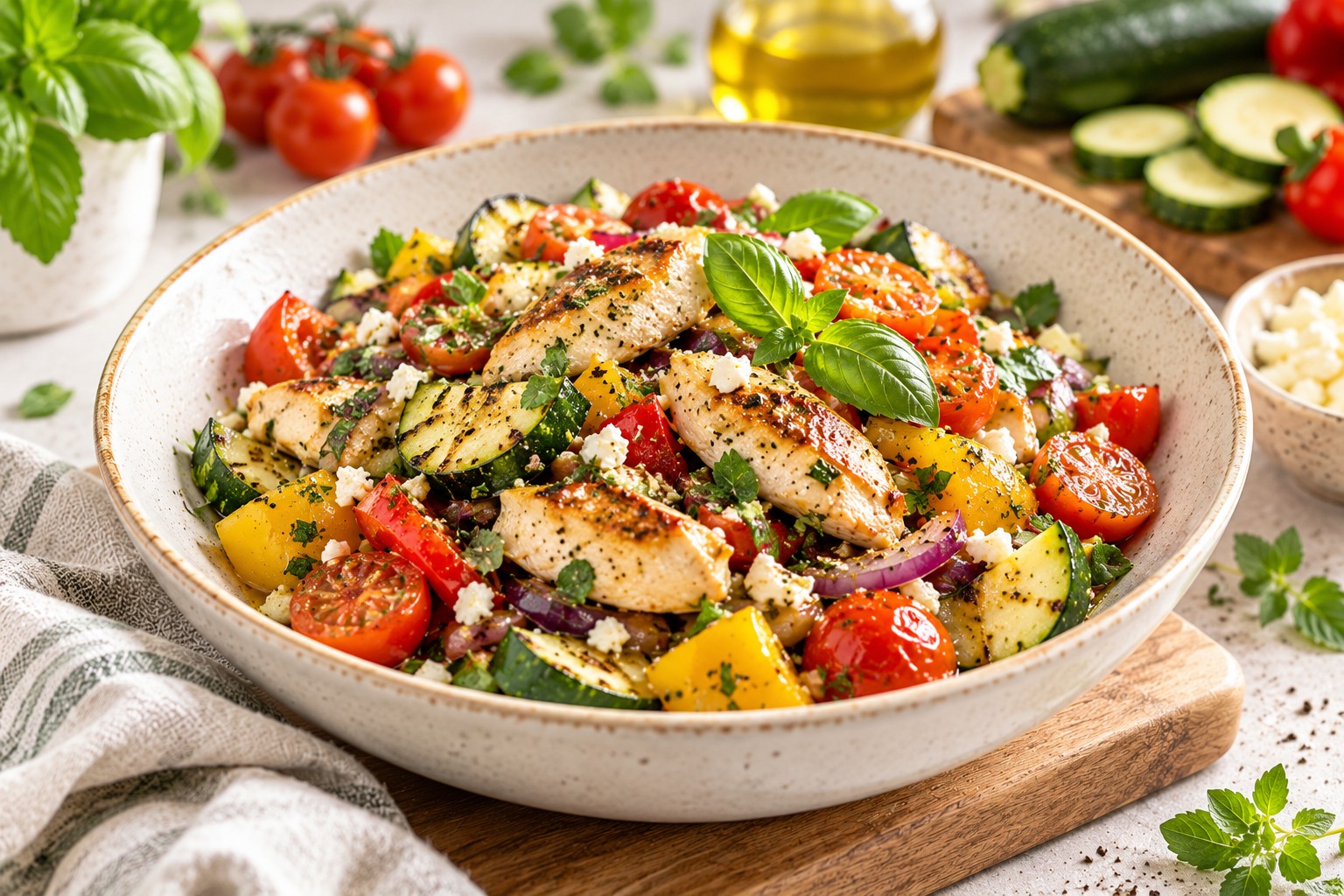 Mediterranes Gemüse mit gebratenem Hähnchen