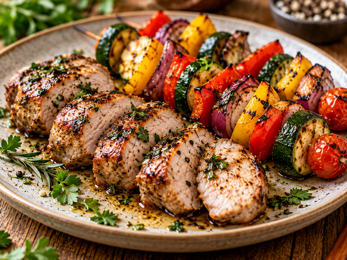 Gegrilltes Schweinefilet mit Gemüsespießen