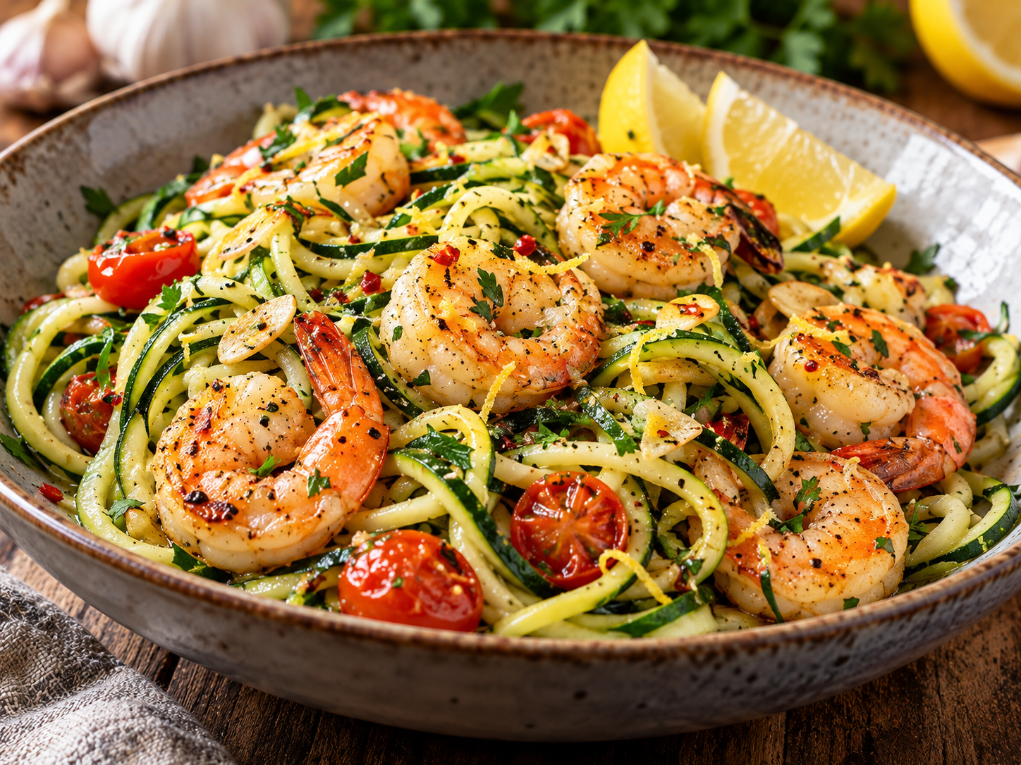 Zucchini-Nudeln mit Garnelen in Knoblauchbutter